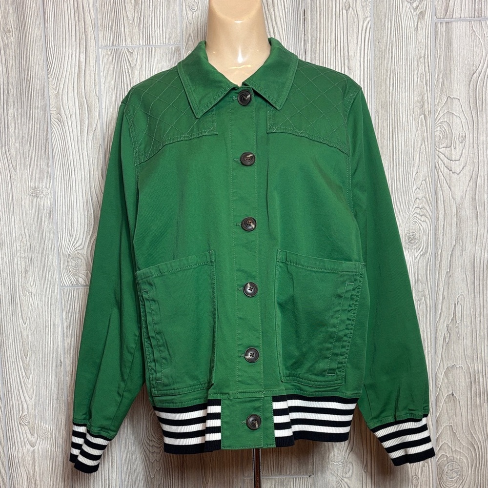 CAbi Mod Bomber Varsity Utility Jacket with Black & White Striped Hem - Size XL